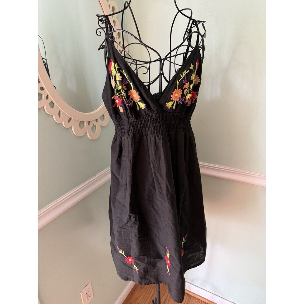 OCEAN BREEZE 90s/Y2K Black Embroidered Beach Cover /‎ Sundress L